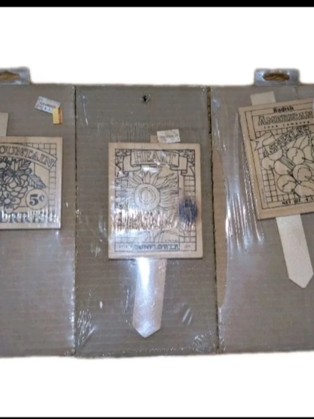 5 Vintage NOS Pinehouse DIY CRAFT Garden Stakes Green Beans Sunflower Radish